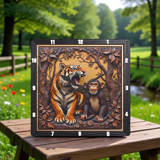 Horloge Carrée Singe Tigre Jungle Sculpté (Créateur téléchargé)