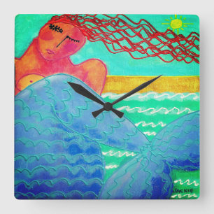 Horloge Carrée Sirène au soleil Art Abstrait
