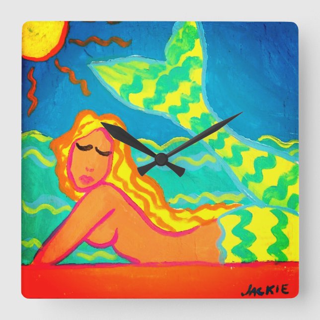Horloge Carrée Sirène au soleil Tableau Abstrait (Recto)