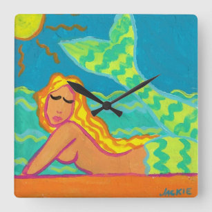 Horloge Carrée Sirène dans le soleil Abstrait Peinture Carré W