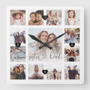 Horloge Carrée Sisterhood Script Family Memory Photo Grid Collage