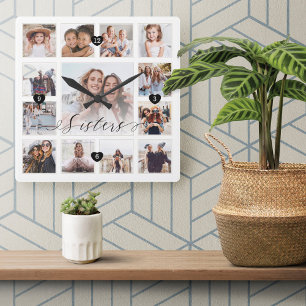 Horloge Carrée Sisters Script Family Memory Photo Grid Collage