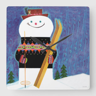Horloge Carrée Skis pour Snowman