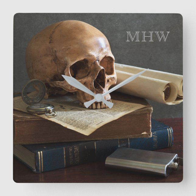 Horloge Carrée Skull on Books custom monogram wall clock (Recto)