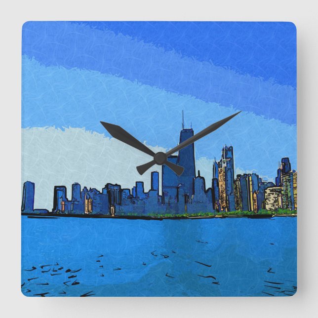 Horloge Carrée Skyline de Chicago dans Collage Paint (Recto)