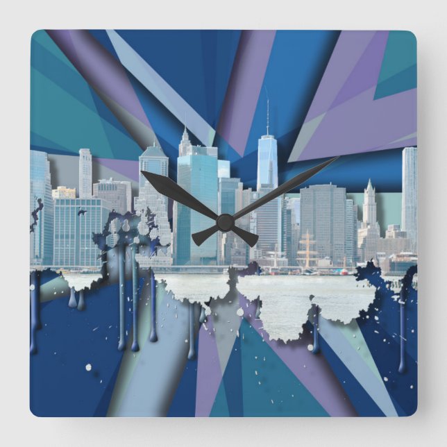 Horloge Carrée Skyline de New York | Bleu 3D (Recto)