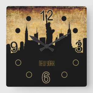 Horloge Carrée Skyline de New York   Style Vintage Grunge