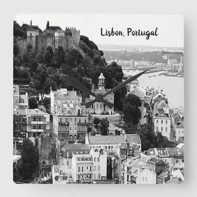 Horloge Carrée Skyline noir et blanc Lisbonne Portugal (Recto)