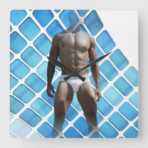 Horloge Carrée SlipperyJoe's homme musclé six-pack abs blanc sous