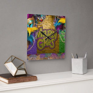 Horloge Carrée SlipperyJoe's Mardi Gras Colliers de perles doublo