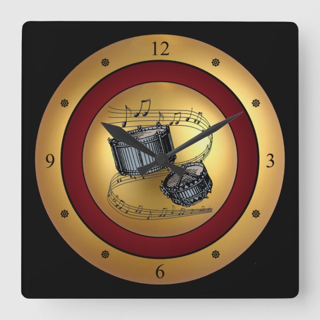 Horloge Carrée Snare Drums musicaux Or/Maroon/Black (Recto)