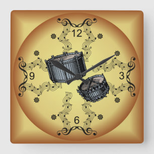 Horloge Carrée Snare Drums ~ Scroll musical ~ Arrière - plan d'or