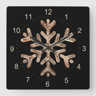 Horloge Carrée Snowflake Élégant Noir et Or Noël