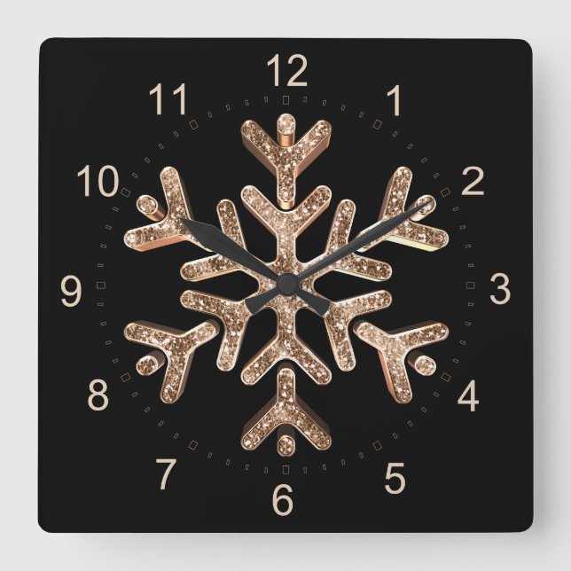 Horloge Carrée Snowflake Élégant Noir et Or Noël (Recto)