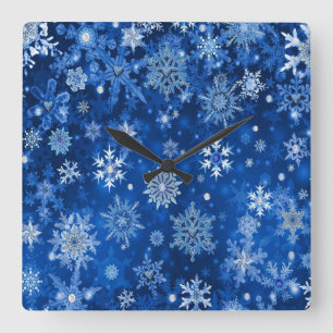 Horloge Carrée Snowflakes de Noël Bleu et argent