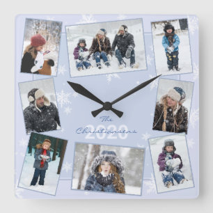 Horloge Carrée Snowflakes d'hiver Famille Photo Collage Nom Année