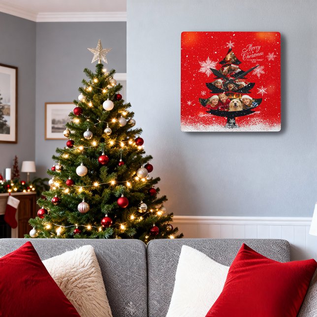 Horloge Carrée Snowy Merry Christmas Family Photo Tree (Créateur téléchargé)