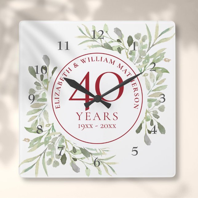 Horloge Carrée Soft Watercolour Leaves 40th Anniversary (Soft Watercolour Leaves 40th Anniversary Square Wall Clock)