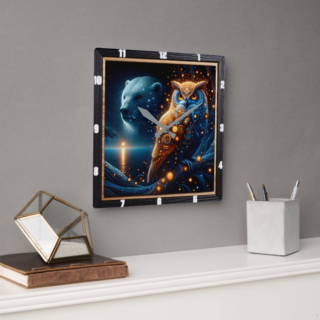 Horloge Carrée Soirée enchantée avec ours et hibou en harmonie (Bureau)