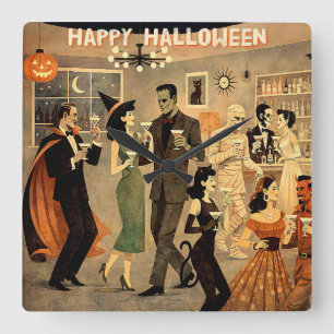 Horloge Carrée Soirée Martini Halloween Rétro Milieu de Siècle 40