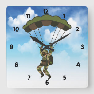 Horloge Carrée Soldat militaire / Parachutiste avec nuages