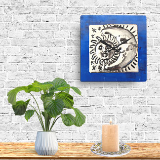 Horloge Carrée Soleil et lune en argent mexicain vintage sur bleu