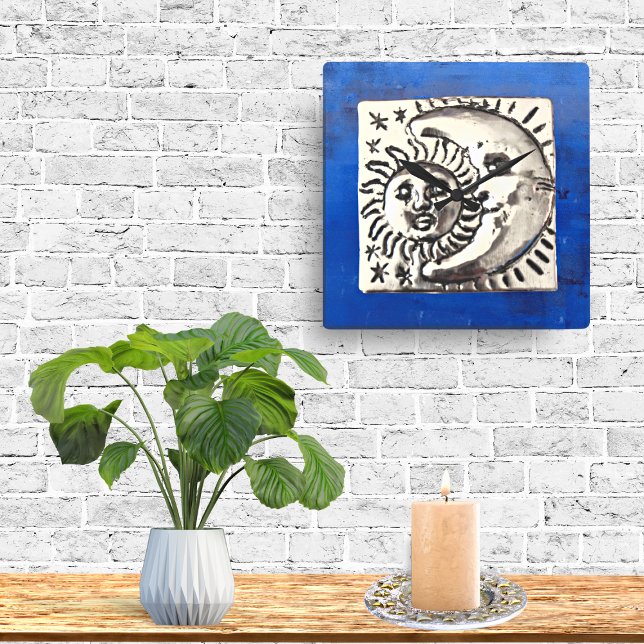Horloge Carrée Soleil et lune en argent mexicain vintage sur bleu (Créateur téléchargé)
