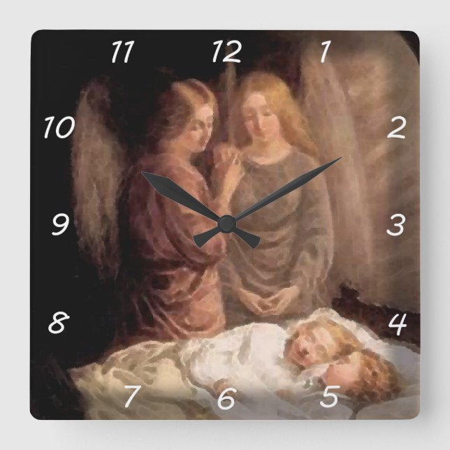 Horloge Carrée Sommeil - Deux anges gardiens et enfants (Recto)