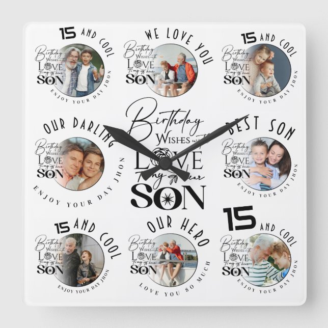 Horloge Carrée Son Birthday 8 Photo Collage Typography  (Recto)