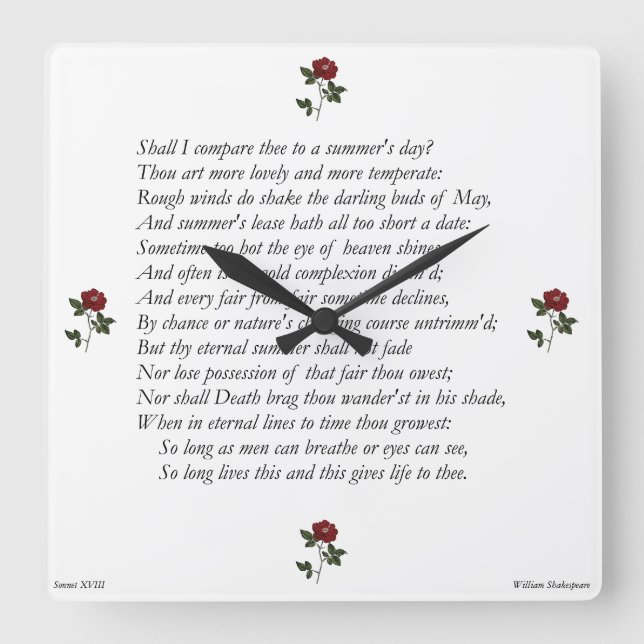 Horloge Carrée Sonnet # 18 par William Shakespeare (Recto)