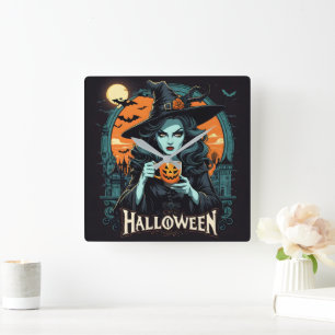 Horloge Carrée Sorcière avec tasse citrouille sur Halloween