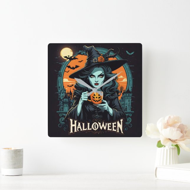 Horloge Carrée Sorcière avec tasse citrouille sur Halloween (Maison)
