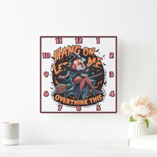 Horloge Carrée Sorcière contemplant sur un balai à la tombée de l (Maison)