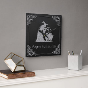 Horloge Carrée Sorcière en argent et Halloween Cauldron