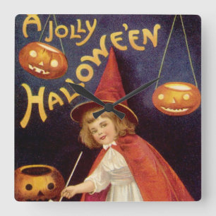 Horloge Carrée Sorcière vintage joyeuse Halloween par Ellen Claps