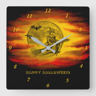 Horloge Carrée Sorcière volante avec chat noir, nuit halloween