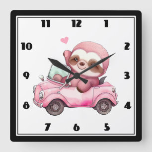 Horloge Carrée Sourire rose Sloth conduisant une convertible