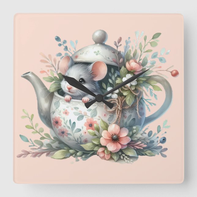 Horloge Carrée Souris mignonne dans une illustration de théière f (Recto)