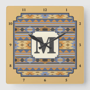 Horloge Carrée Southwest Design Gold Blue Grey Tribal Motif