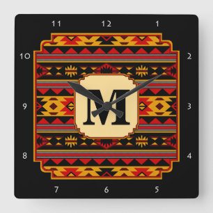 Horloge Carrée Southwest Design Red Black Gold Tribal Motif