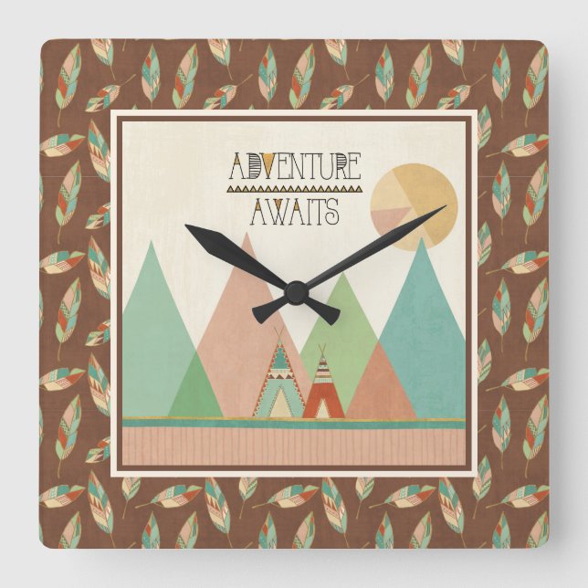 Horloge Carrée Southwest Geo III | Adventure Awaits (Recto)