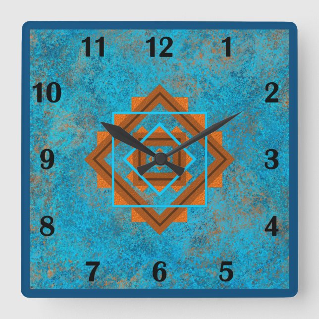 Horloge Carrée Southwest Mountain Peaks Turquoise Style régulier (Recto)