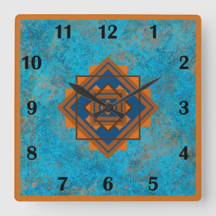 Horloge Carrée Southwest Mountain Peaks Turquoise Style régulier