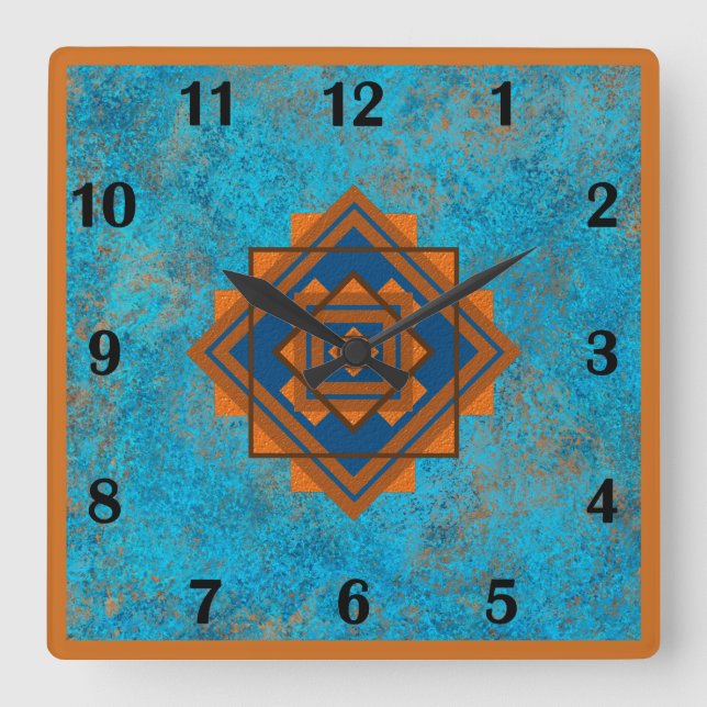 Horloge Carrée Southwest Mountain Peaks Turquoise Style régulier (Recto)