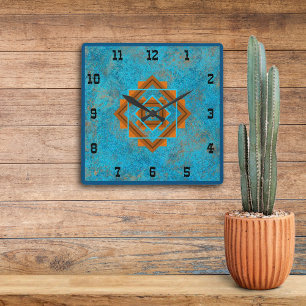Horloge Carrée Southwest Mountain Peaks Turquoise Western Style S