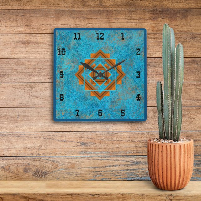 Horloge Carrée Southwest Mountain Peaks Turquoise Western Style S (Créateur téléchargé)