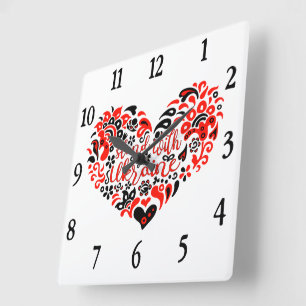 Horloge Carrée Soyez avec l'Ukraine lettrage et coeur