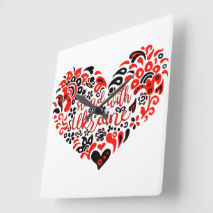 Horloge Carrée Soyez avec l'Ukraine lettrage et coeur