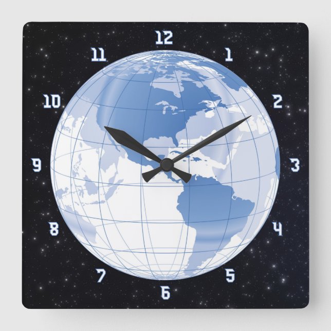 Horloge Carrée Space Earth Globe avec étoiles (Recto)