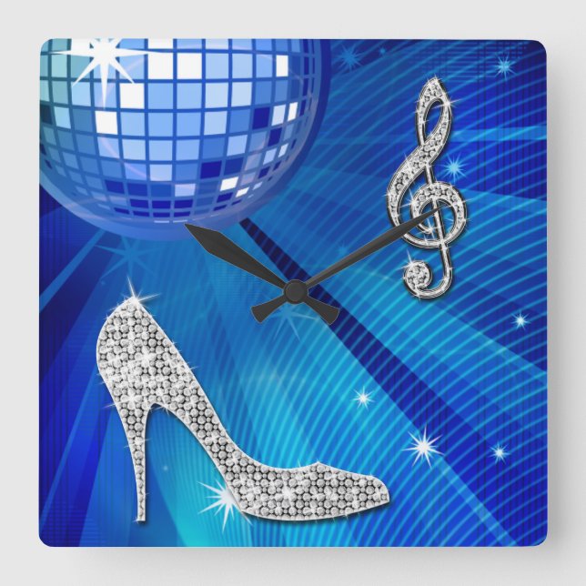 Horloge Carrée Sparkly Blue/Silver Music Note & Stiletto Heel (Recto)